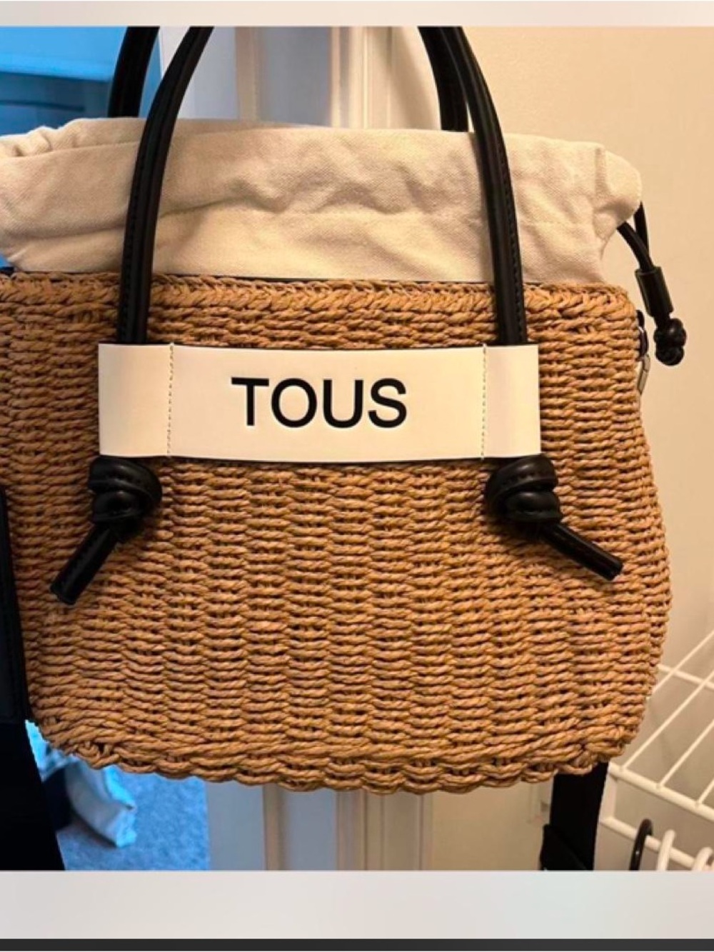 TOUS Straw Tote with White Trim and Black Handles
